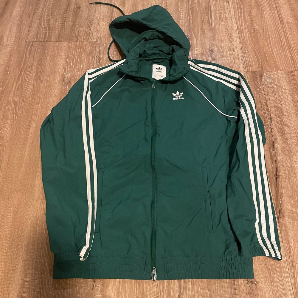 Adidas Mens Windbreaker Jacket Size S Green Nylon Originals 3-Stripe Full Zip